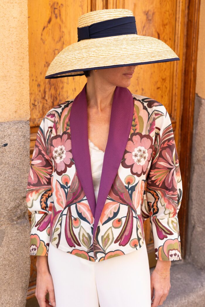 Chaqueta verano flores berenjena algodon 100 mujer