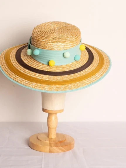 Canotier Azul con Pompones Sombrero de paja