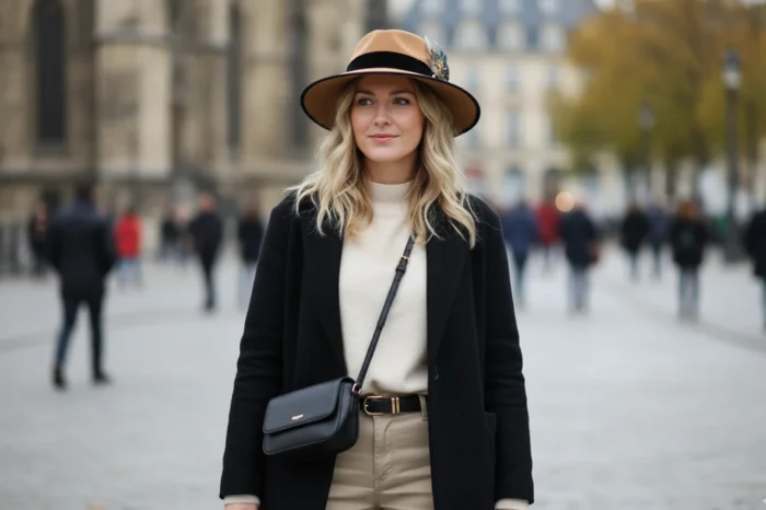 Sombrero de Otono Invierno Urbano de Mujer Camel y Negro Lana Impermeable