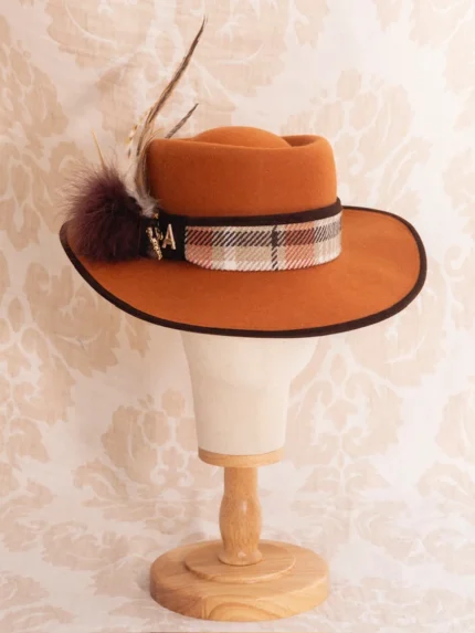 Sombrero de caza para mujer Ovalado Terracota Cuadros Lana Merino Impermeable